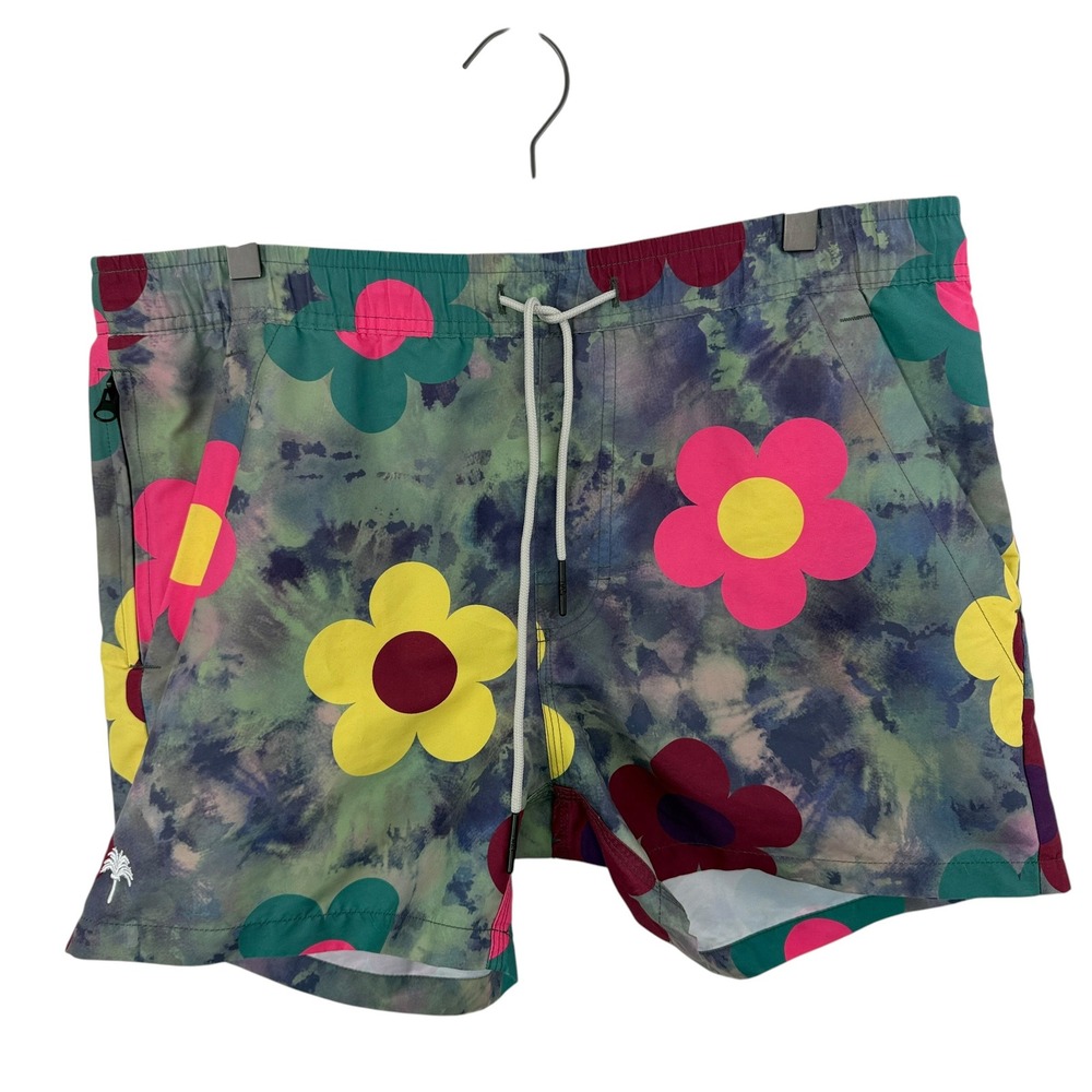 OAS Shorts Mens Small Green Floral Print Swim Trunks Fast Drying Polyester